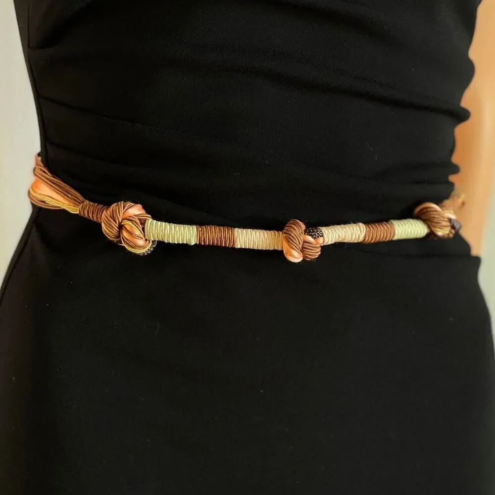 Vintage 90s Woven Rope Belt Brown Cream Orange Knotted Boho Waist‎ Tie Wrap